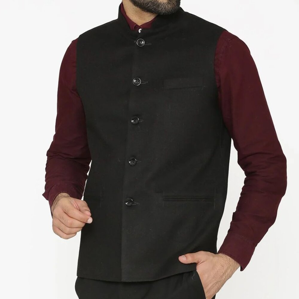 Wintage Men's Tweed Wool Black Modi Nehru Jacket s42